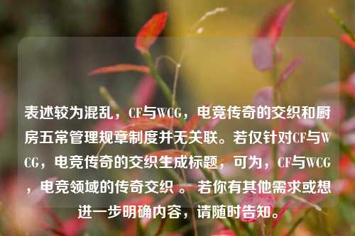表述较为混乱，CF与WCG，电竞传奇的交织和厨房五常管理规章制度并无关联。若仅针对CF与WCG，电竞传奇的交织生成标题，可为，CF与WCG，电竞领域的传奇交织 。 若你有其他需求或想进一步明确内容，请随时告知。
